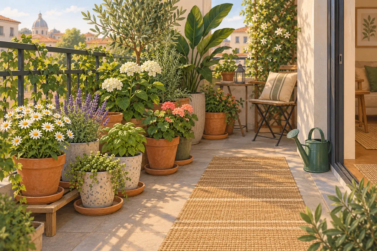 Illustrated balcony with grouped plant pots, drip trays, and a clear path for watering.