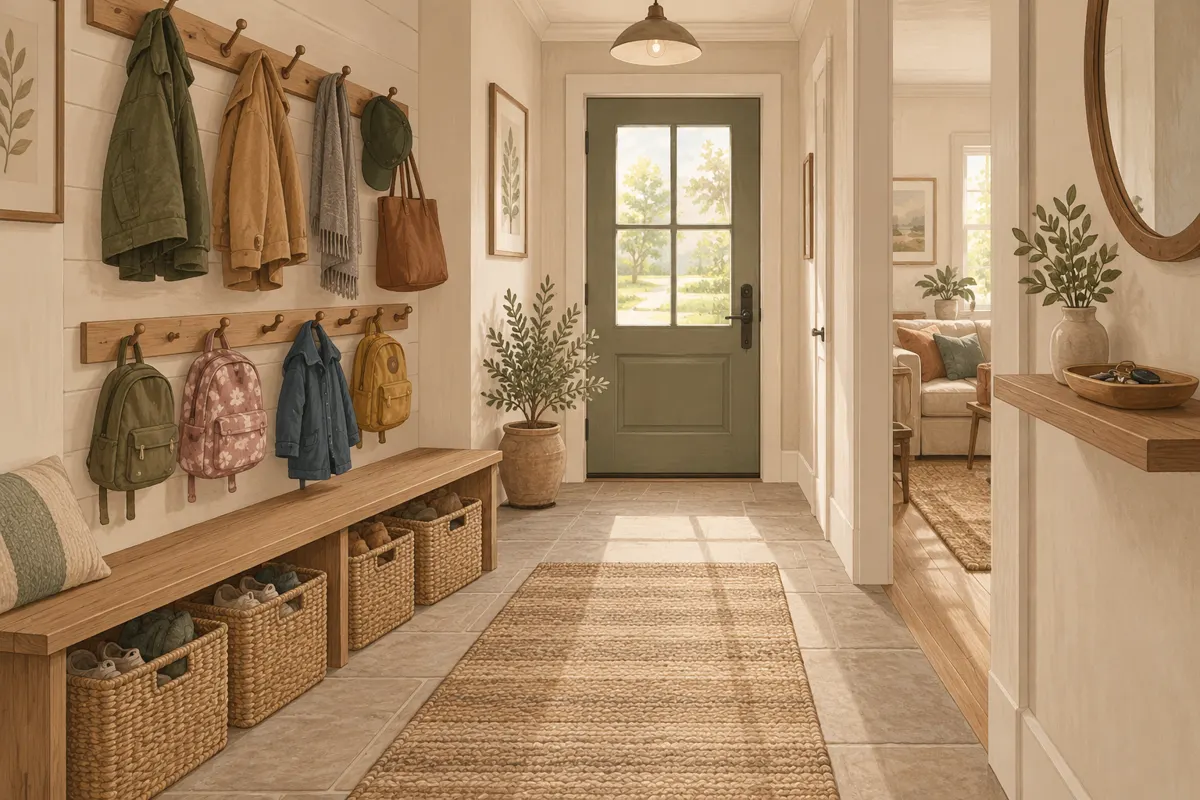Illustrated narrow entryway with reachable hooks, individual baskets and a clear walking path.