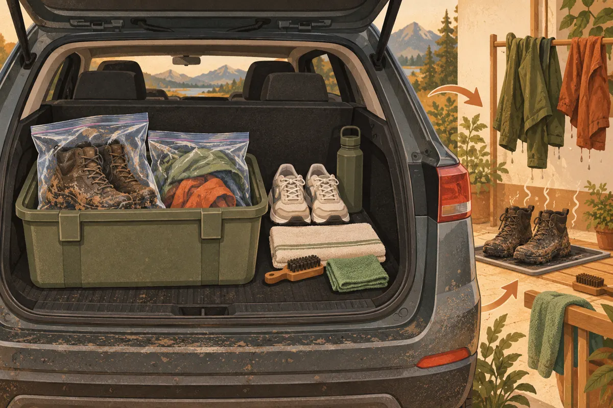 Illustration of a removable trunk kit with separated muddy boots, damp clothing, and clean supplies for the drive home.