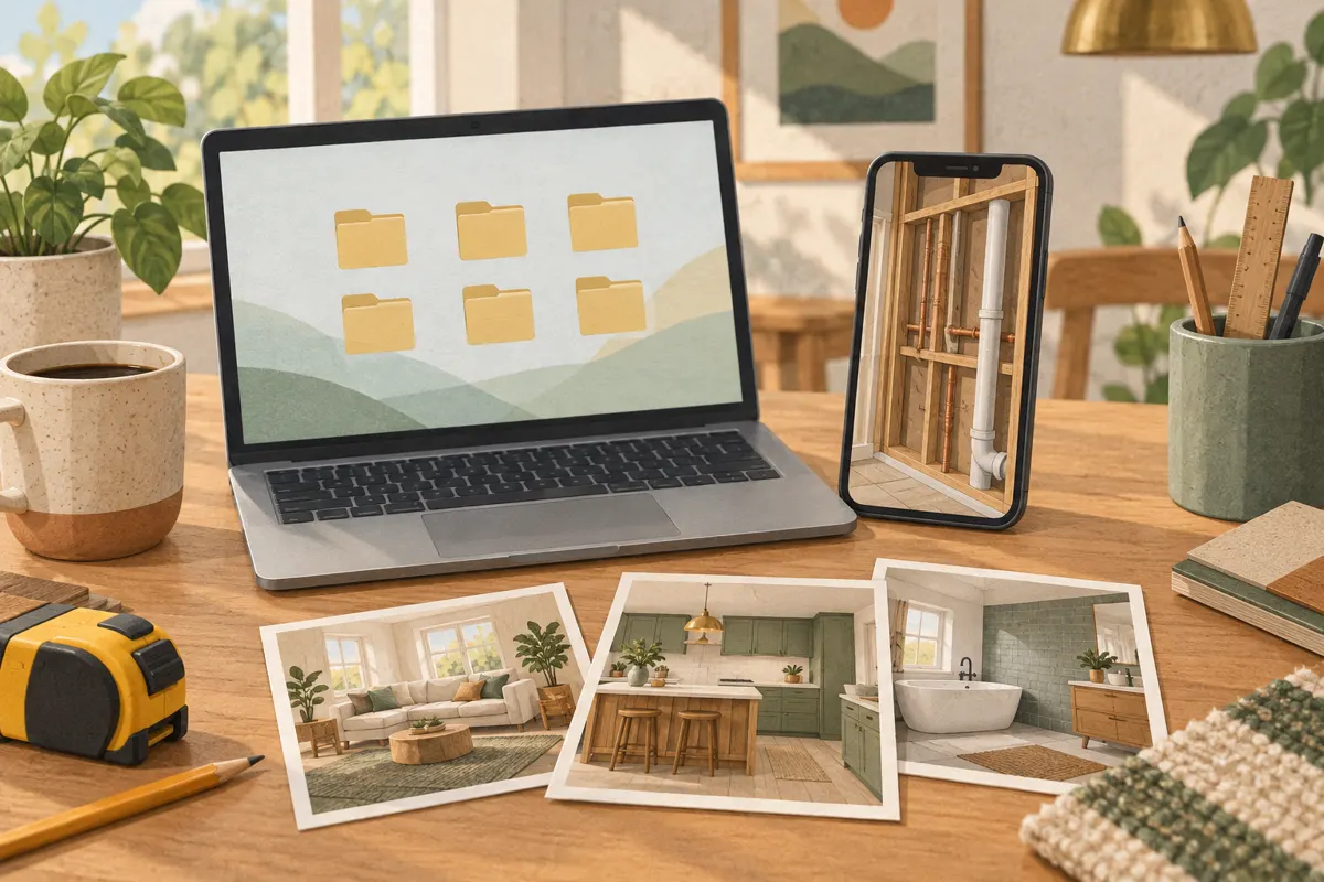 Illustration of renovation photos organized into folders beside an image of exposed wall framing and pipes.