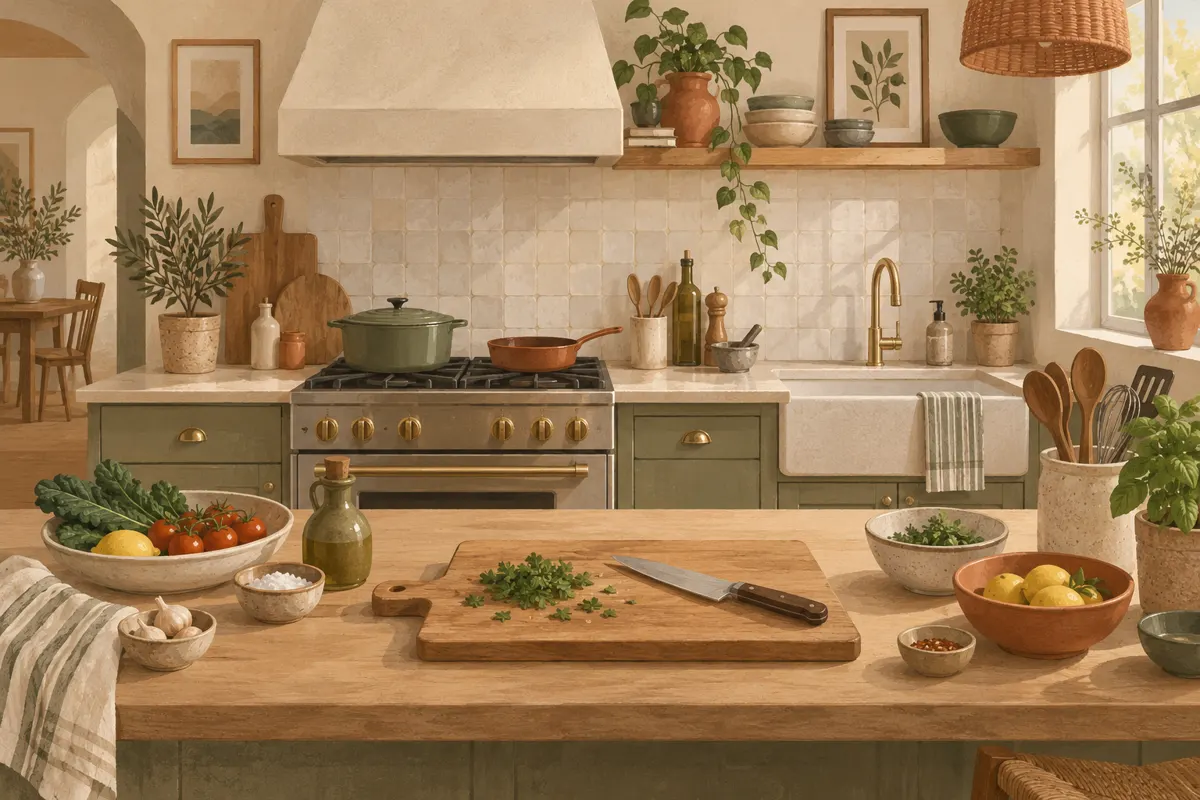 Illustration of a small kitchen arranged with preparation tools, cookware and cleanup supplies near their everyday tasks.