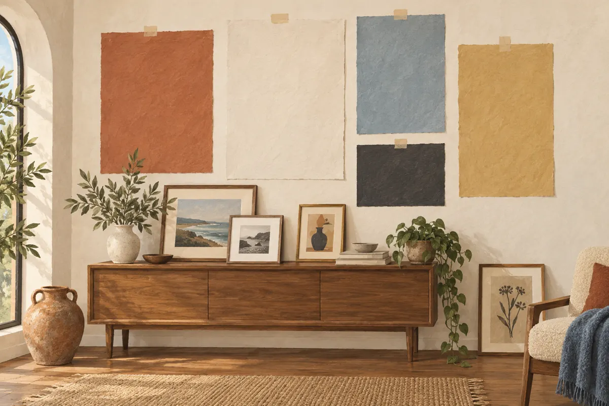Illustration of paper templates arranged on a wall before hanging a gallery of pictures.