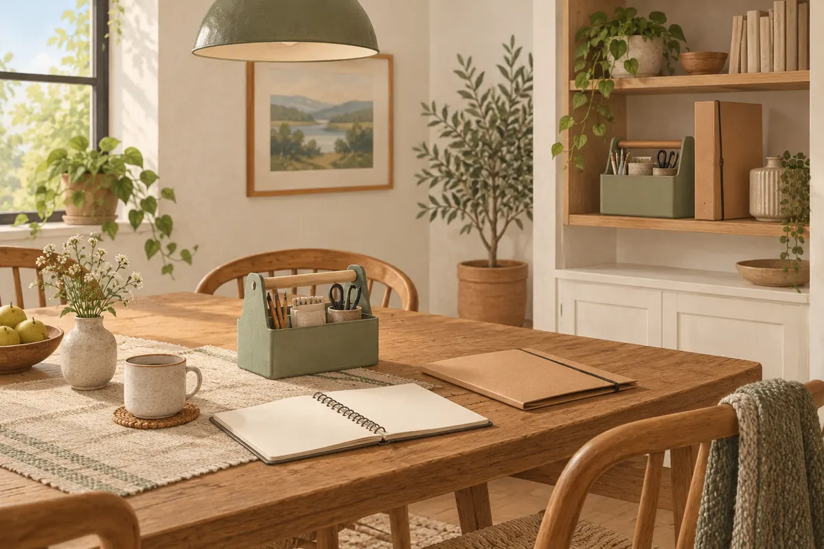 Illustration of a portable homework caddy and notebook on a dining table beside a storage shelf.