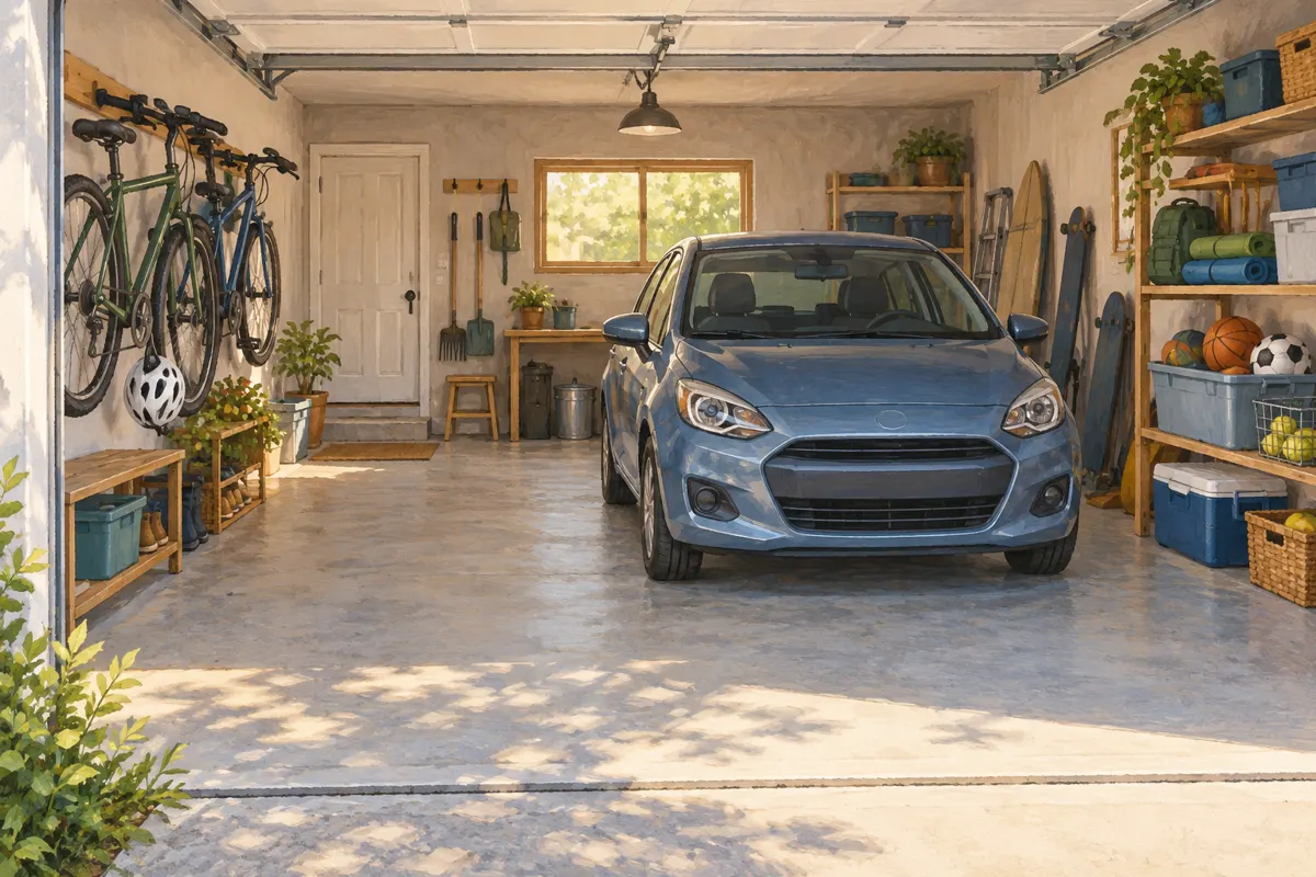 Illustrated garage layout with a parked car, accessible bikes and organized sports gear along the walls.